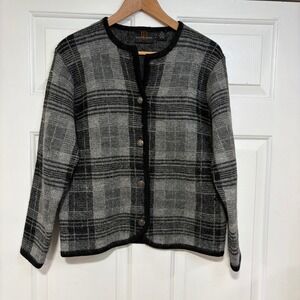 Wool Plaid Knit Cardigan Y2K Jenny Buchanan M‎ Button Up Black Gray Preppy Alt
